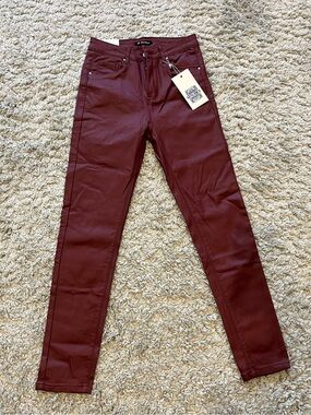Burgundy Wine Red Leather Skinny Pants